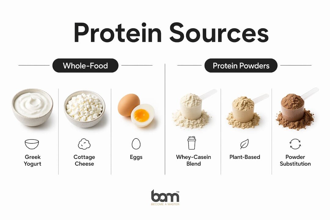 Infografika koja uspoređuje izvore proteina iz cjelovitih namirnica i u prahu u desertima