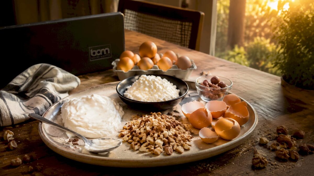 Krupni plan sastojaka proteinske deserte na tanjuru